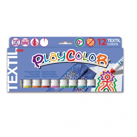 TEXTIL ONE - Stick de peinture gouache solide 10 g - 12 couleurs assorties - PLAYCOLOR