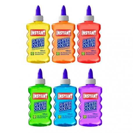 Lot de 6 Colles couleur transparente 180ml - 6 couleurs assorties - Loisirs créatifs - INSTANT