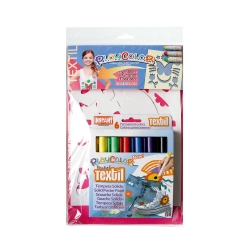 Pack 2-en-1 comprenant 2 POCHOIRS filles + TEXTIL POCKET - 6 Stylos de peinture gouache solide spécial textile - PLAYCOLOR 