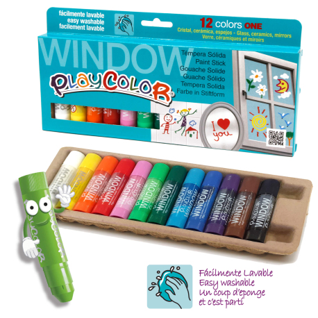 WINDOW ONE - Stick de peinture gouache solide 10 g pour fenêtre, céramique ou miroir - 12 couleurs assorties - PLAYCOLOR